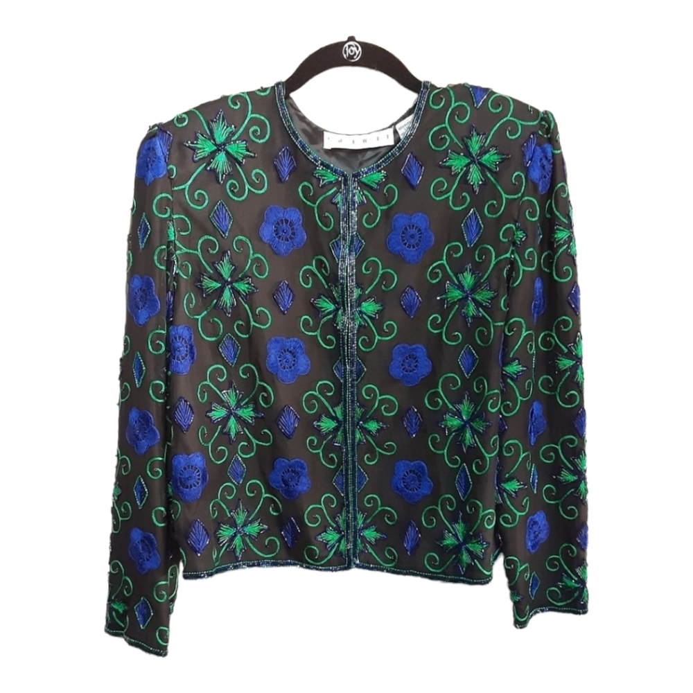 Scala 100%Pure Silk Embellished Jacket Size Ps - image 1